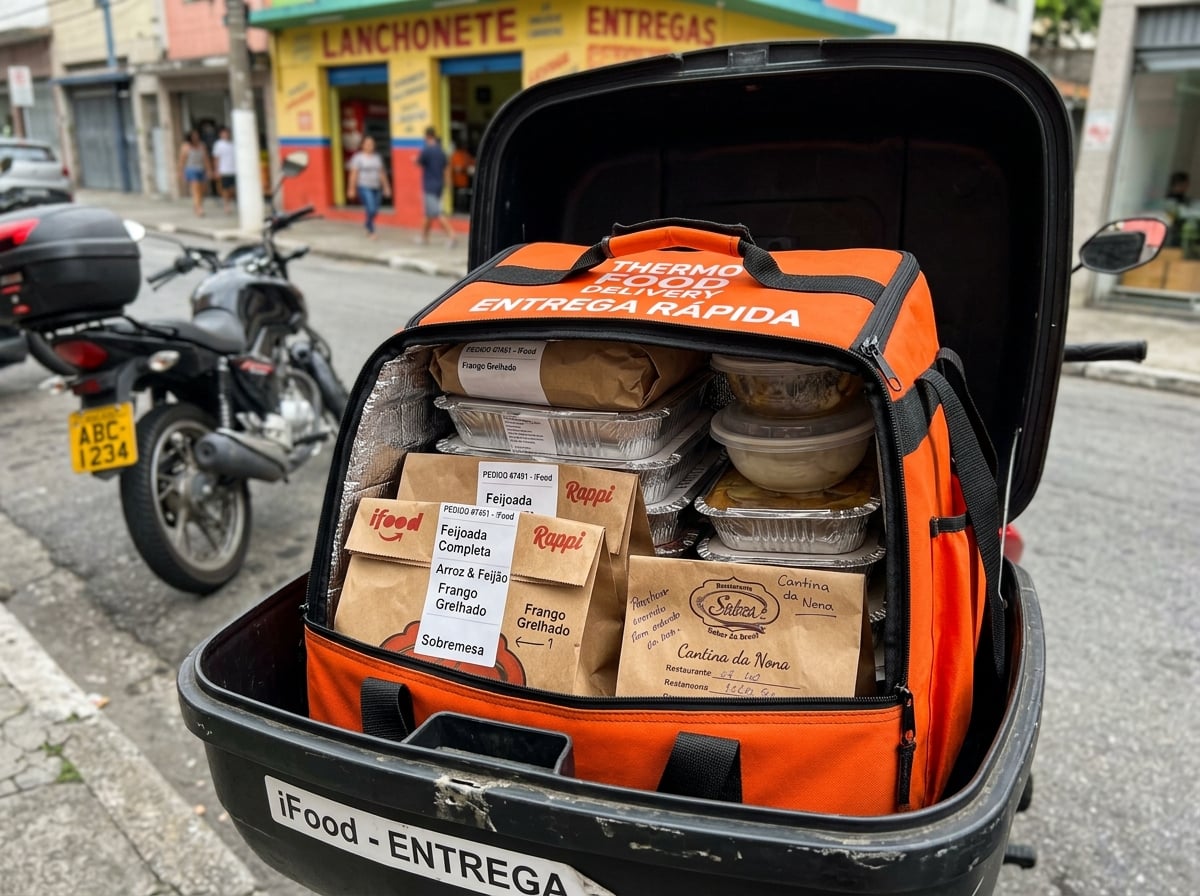 Bag térmica com sacolas de comida delivery na moto