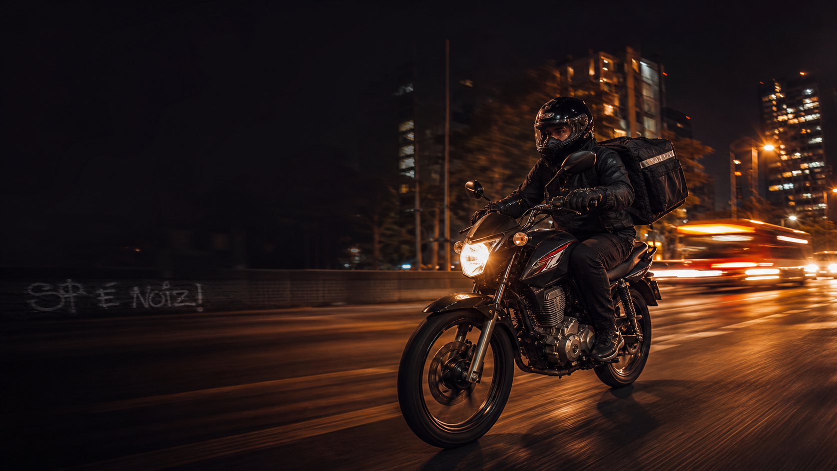 Motoboy entregador em alta velocidade à noite na cidade