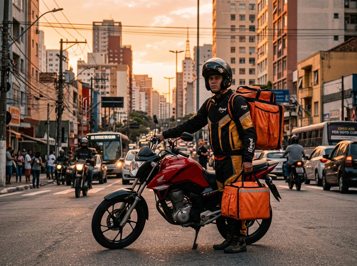 Motoboy entregador na cidade ao entardecer