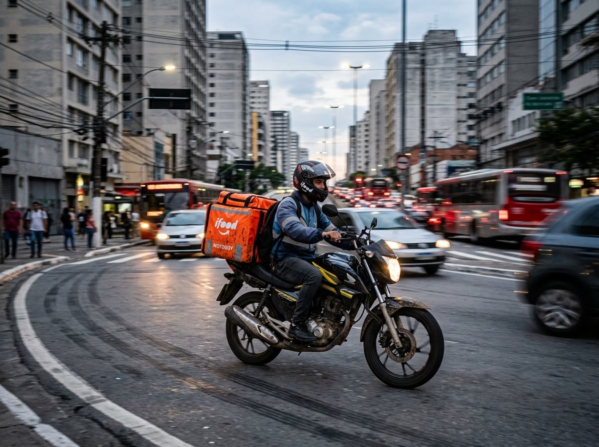 Motoboy em movimento com bag de delivery na rua